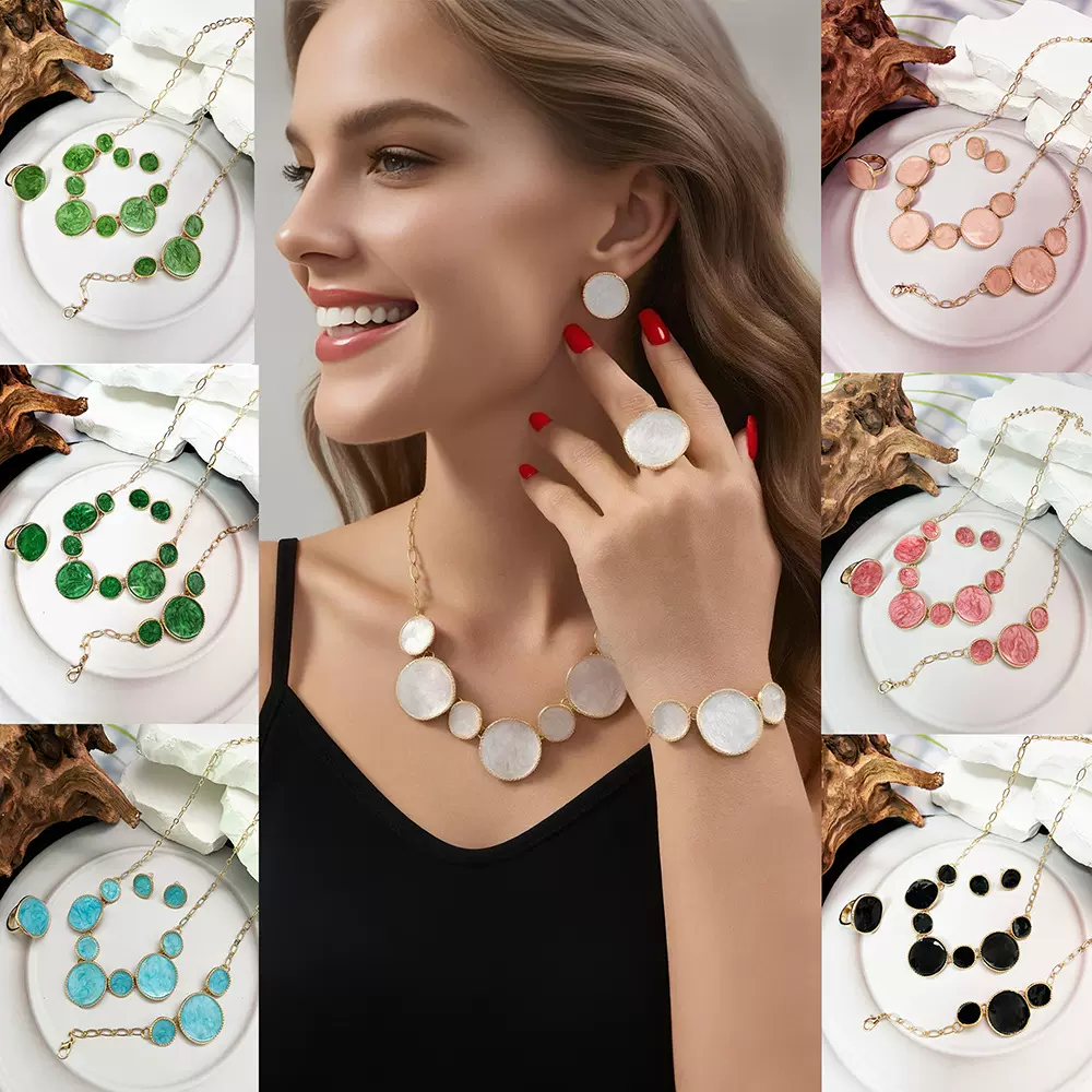 欧美跨境法式小香风饰品轻奢小众设计感项链不规则圆形滴油套装