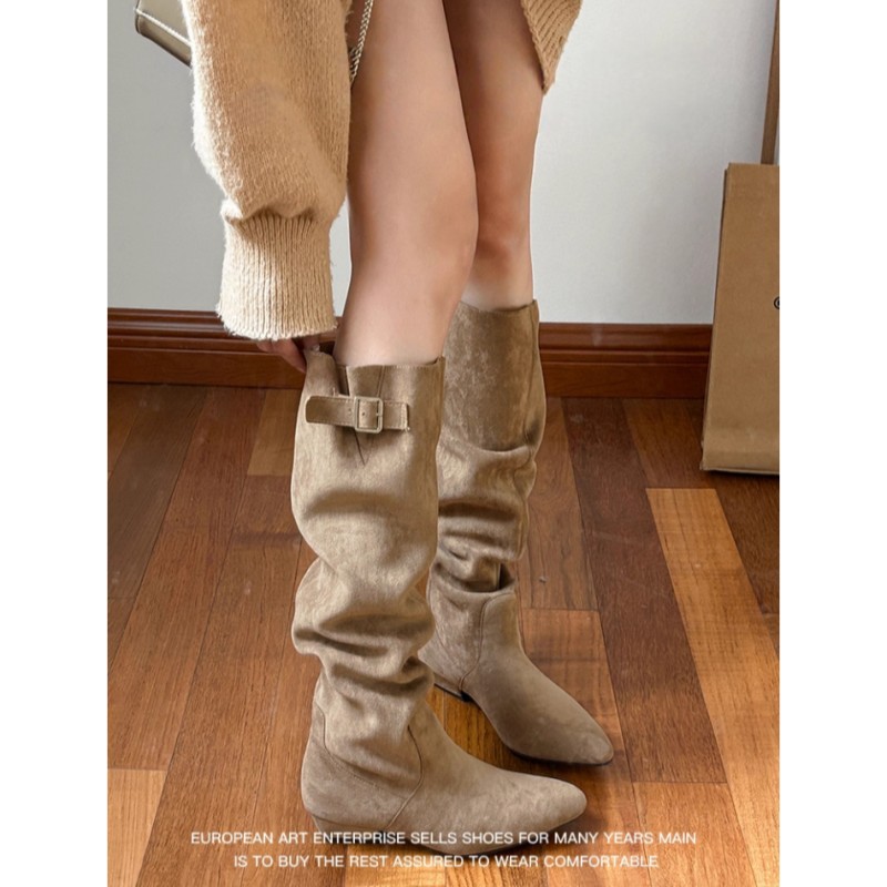 Women's Long Boots 2025 Retro Slouchy Boots French Style High Boots Chunky Heel Suede Khaki Long Boots Ballet Slouchy Boots