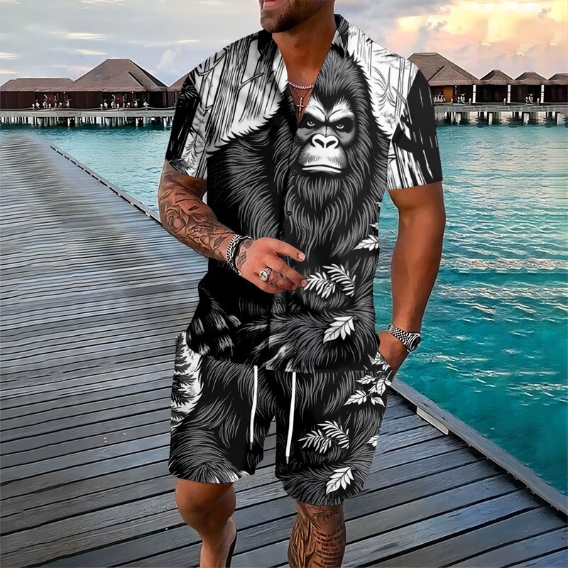 Cross Border Easter Shirt suit Four-Sided Forest Gorilla Full Print Shirt Beach Pants suit