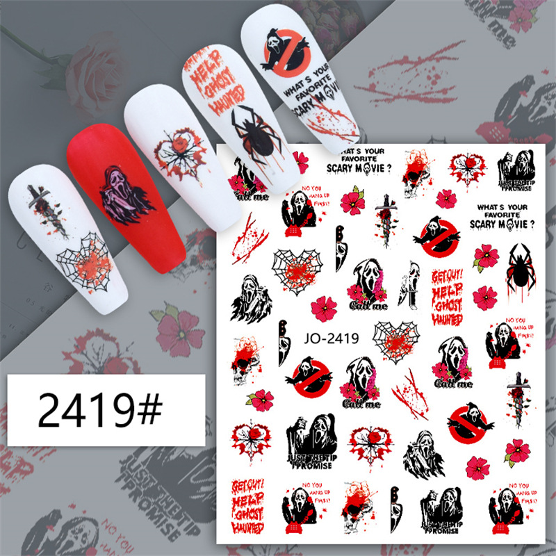 Pegatinas de uñas de Halloween transfronterizas cráneo calabaza malvada tarjeta roja brillante bruja graffiti pegatinas de uñas al por mayor