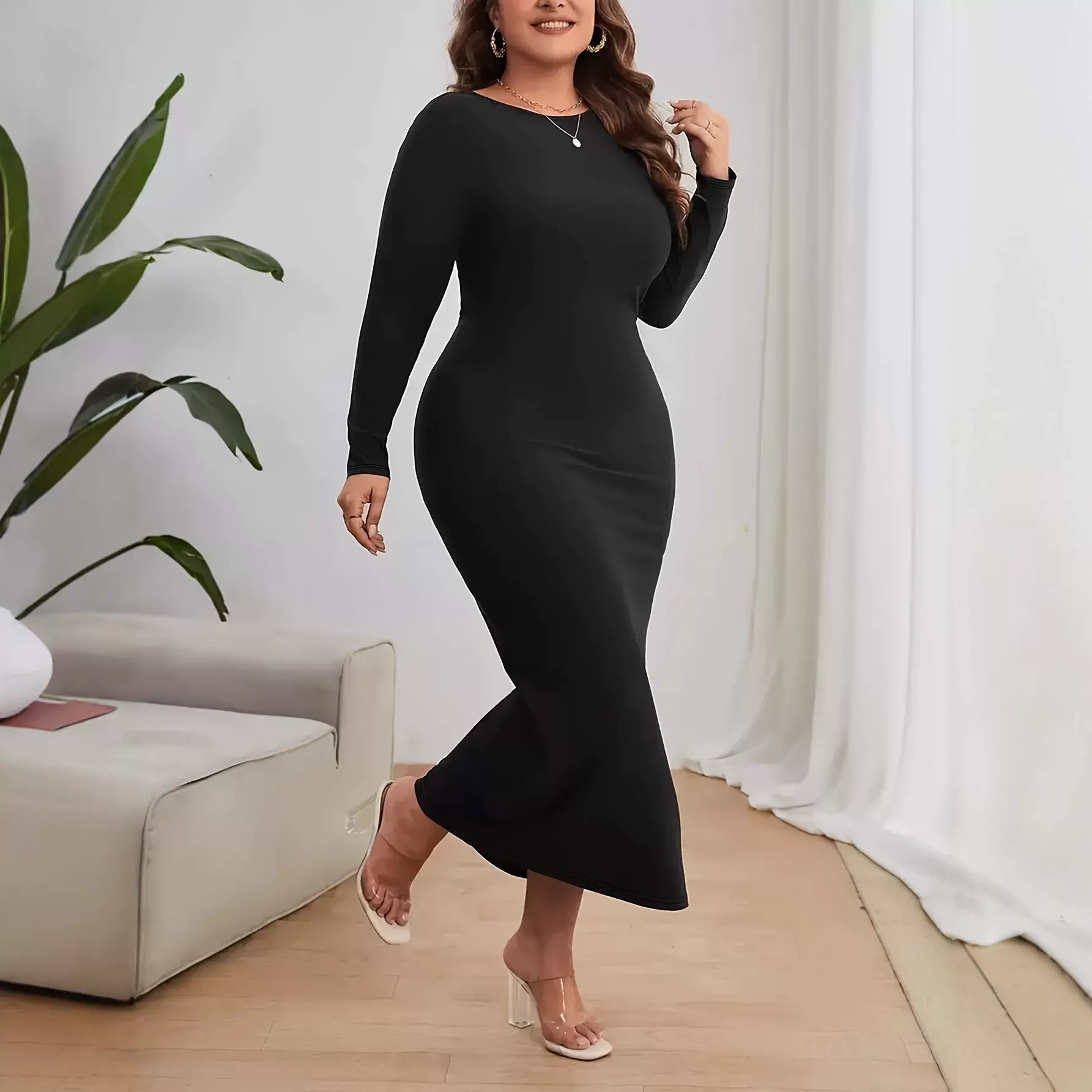 欧美跨境女装秋冬大码女士连衣裙时尚休闲性感气质长袖包臀裙裙子
