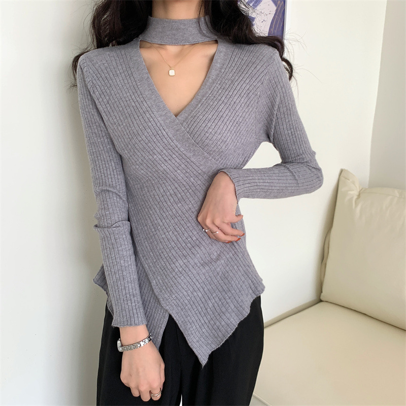 Solid Color Halter Neck Cross Stitching Sweater NSFYF113714