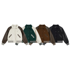 韩国小众品牌毛呢RR棒球服复古风拼色飞行员夹克短款外套女款