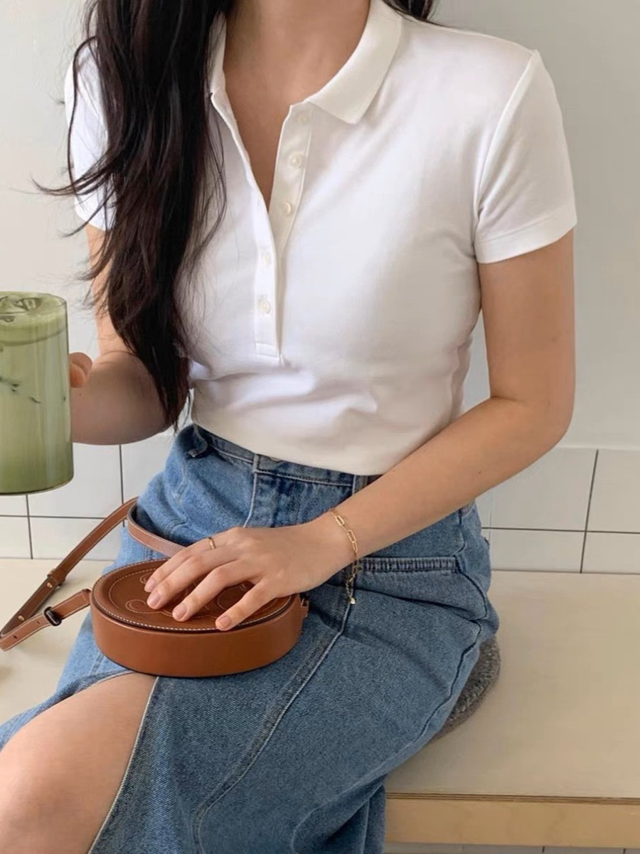 貿易注文/スキャン可能 スカッジレベル ラフ5つボタン 半袖Tシャツ レディース POLOシャツ スリムフィット
