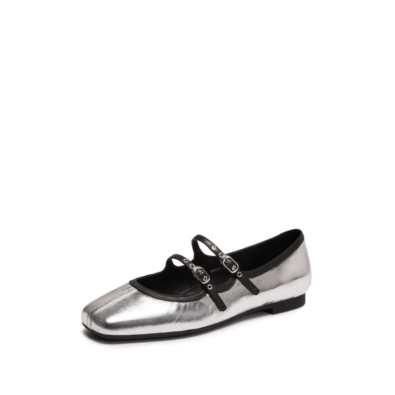 2026 Retro Silver French-Style Shallow Ballet Shoes, Sheepskin Mary Jane Shoes, Genuine Leather Flat Shoes