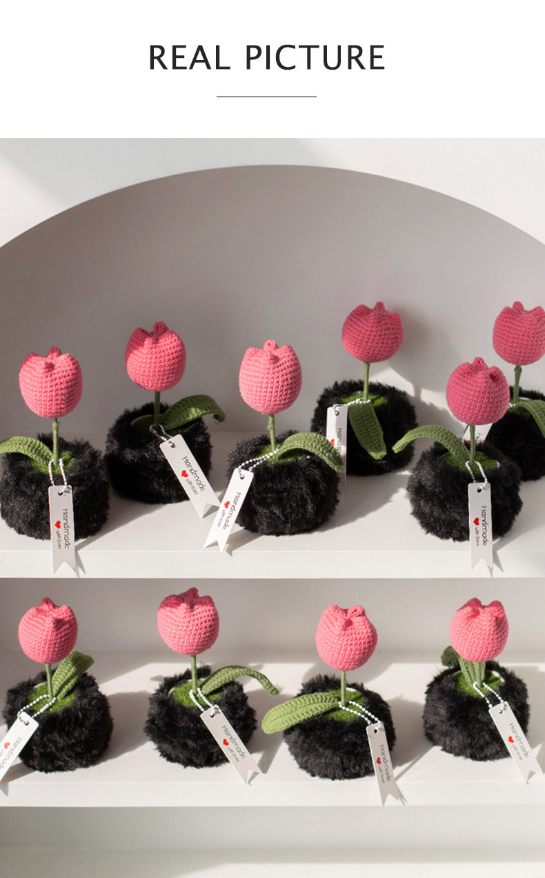 Handcrafted artificial flower ornaments, tulip crocheted potted plants, knitted woolen flowers, as bouquet gifts for elders and friends pic 8