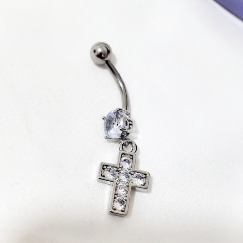 Cross Pendant Belly Button Ring Gold Copper Inlaid Stone Dangle Piercing Jewelry detail image 7