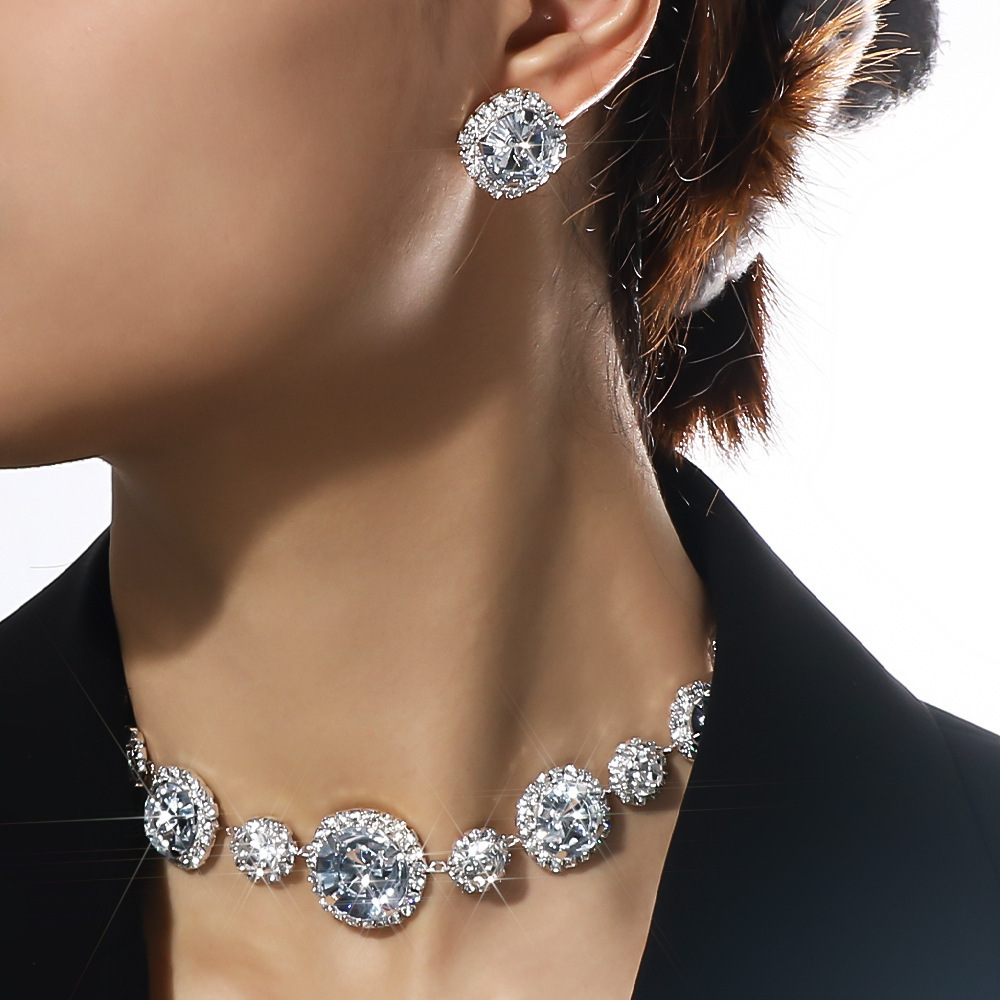 跨境熱銷圓形首飾套裝簡約水鑽鎖骨鏈氣質耳釘配飾Jewelry set