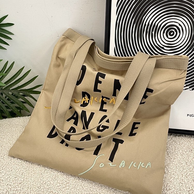 2162 Korean Ins Large-Capacity Single-Shoulder French Poetry Letter Print Canvas Bag Tote Shopping Bag