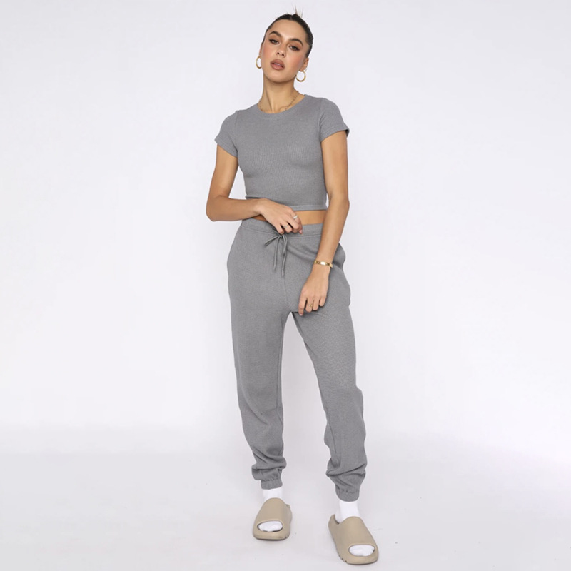 Spring Summer Solid Color Waffle round Neck Short Sleeve Women Clothing Casual Trousers Sets