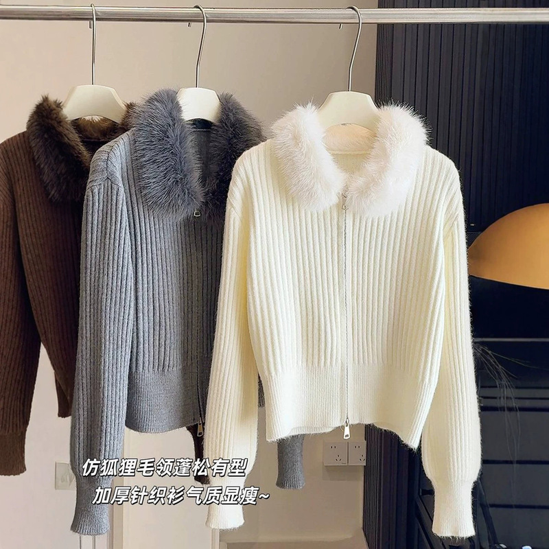 Amazon Cross-Border Style Fur Collar Patchwork Double Zipper Sweater Coat for Women, New Autumn and Winter Versatile Slim-Fit Sweater with Fur Collar Amazon Cross-Border Style Fur Collar Patchwork Double Zipper Sweater Coat for Women, New Autumn and Winter Versatile Slim-Fit Sweater with Fur Collar
