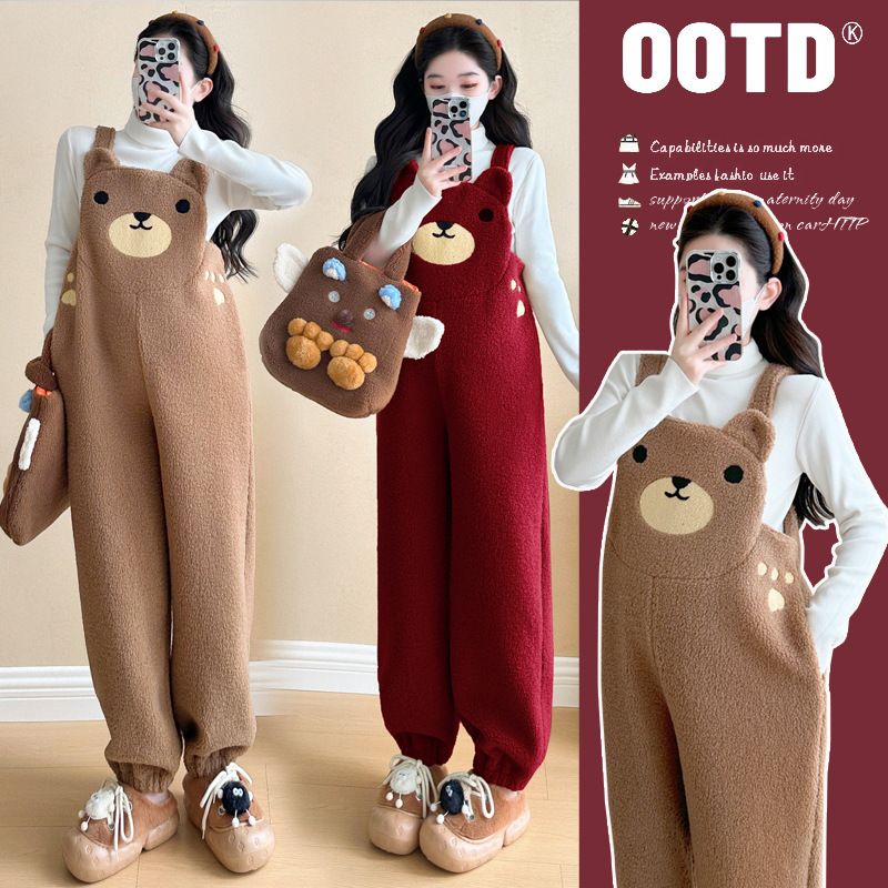 Real shot in stock pregnant women autumn and winter clothing fleece-lined thickened lamb velvet bear cute suspenders sweater bottoming shirt