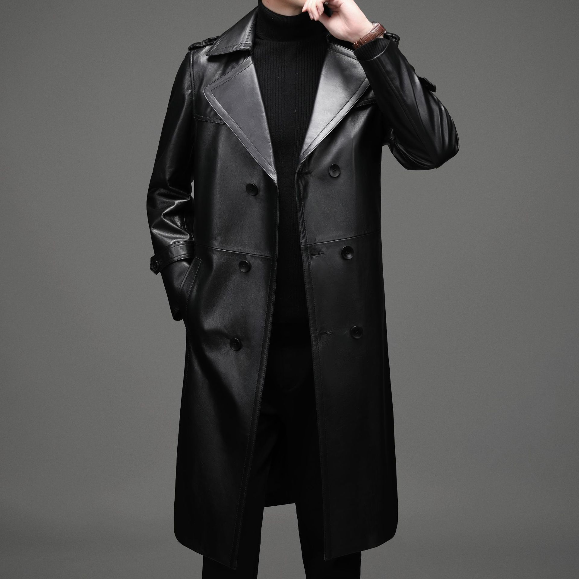 高档进口头层牛皮中年爸爸海宁皮衣男装真皮中长款风衣外套春秋冬