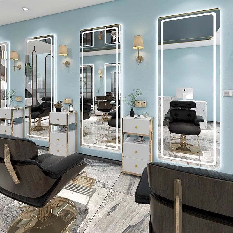 Barbería simple decoración espejo rojo en línea espejo con lámpara marea pared de un solo lado espejo peluquería image 12