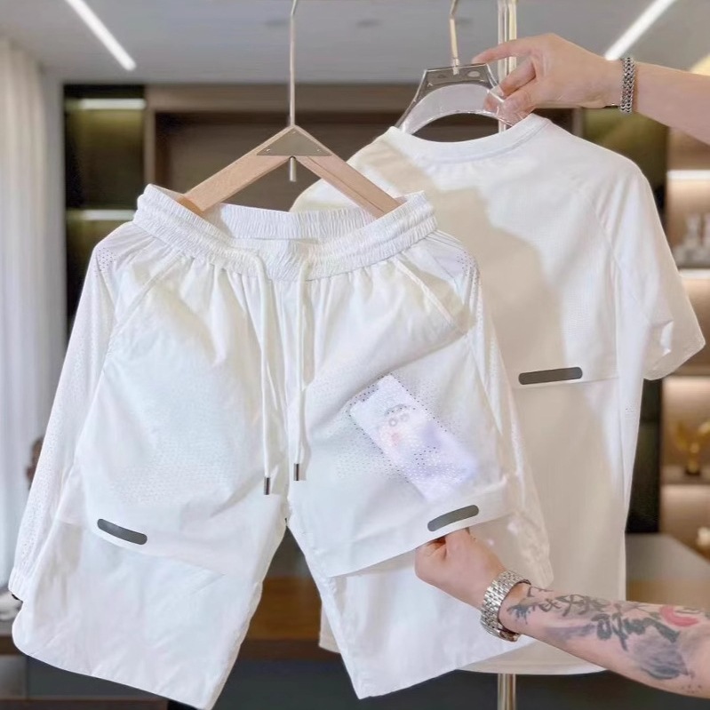 Camiseta de seda de hielo con costuras transpirables de verano, pantalones cortos, traje de ocio deportivo de secado rápido suelto de alta elasticidad para hombre de dos piezas