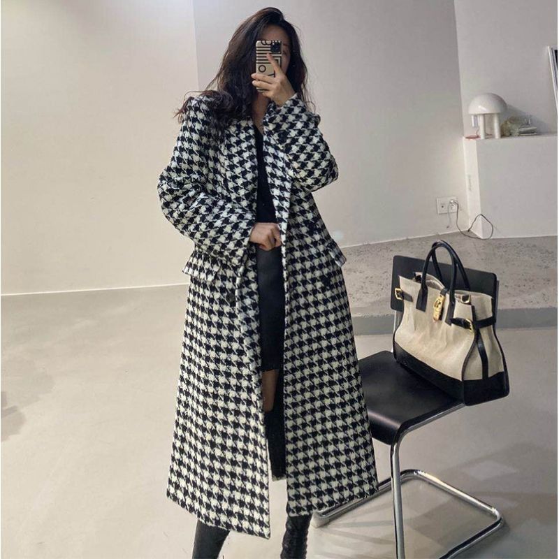 Women's wool coat, 2025 spring/autumn/winter new Korean style, fashionable classic houndstooth mid-length over-the-knee wool coat.