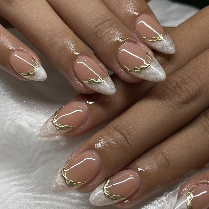 Cross-border special for foreign trade nail art short almond nail piece white halo 3D wearable nail piece simple wearable nail wholesale Cross-border special for foreign trade nail art short almond nail piece white halo 3D wearable nail piece simple wearable nail wholesale