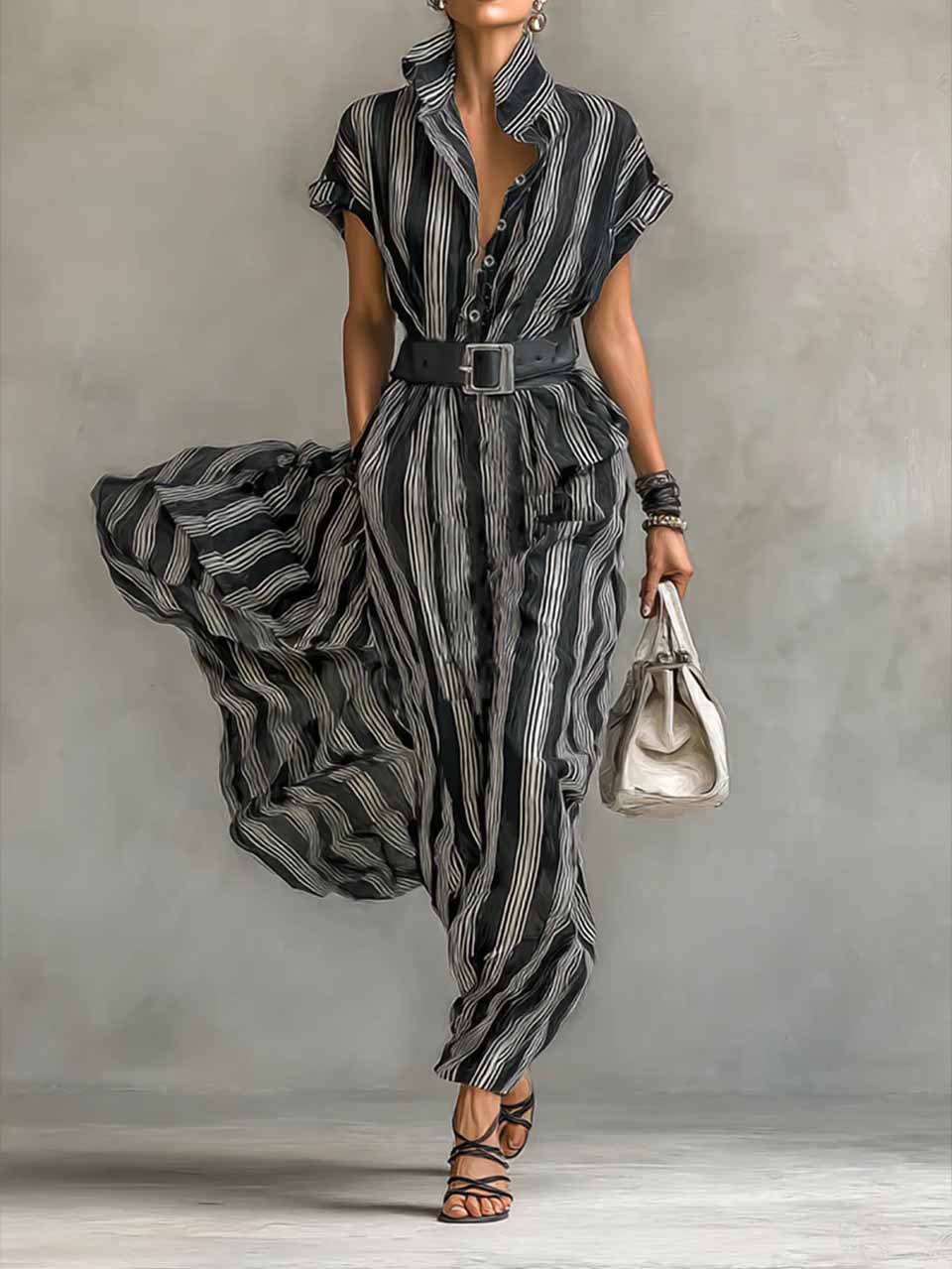 2026 European And American Cross-border Independent Site Elegant Short-sleeved Collar Striped Shirt Dress_ecoleips.com