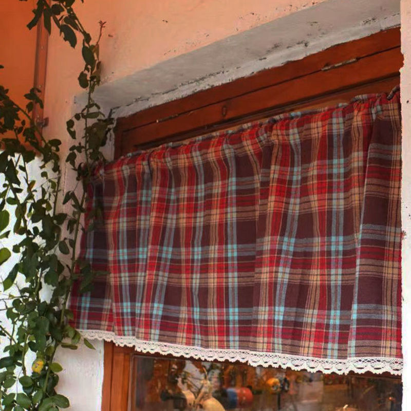 Shenrun Textile Cross-Border Plaid Cotton and Linen Short Curtain American Retro Curtain Half Curtain Cabinet Curtain Decorative Curtain
