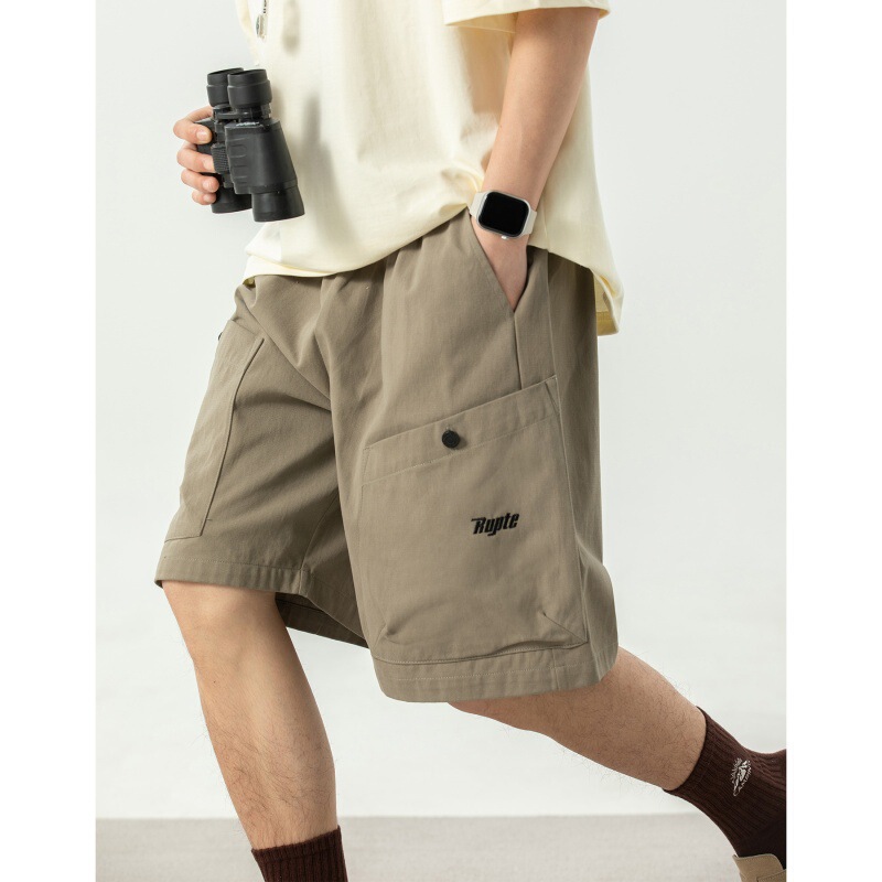 Large Pocket Cargo Shorts, Summer Style, Letter Embroidery Design, Japanese Retro Outdoor Loose Casual Five-Point Shorts