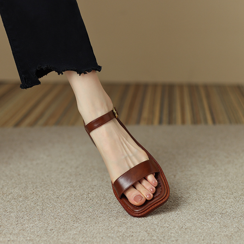 Sandal hở mũi nữ gót thấp quai ngang phong cách học đường — Màu nâu chi tiết 8