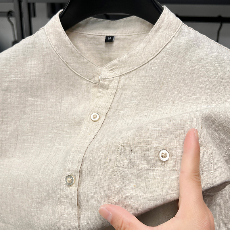 100% リネン半袖 Tシャツメンズシャツ無地スタンドカラー夏の新しい中国風の若者と中年のシャツ薄いスタイル|undefined