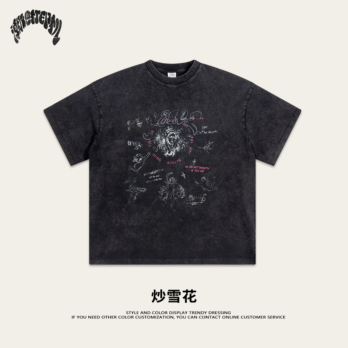 2025 primavera y verano retro marca de moda vintage lavado ángel impresión de cuello redondo pareja camiseta de calle de manga corta moda masculina