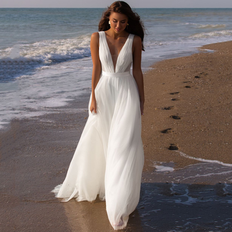 Foreign Trade White Beach Travel Photography Light Wedding Dress White Backless Slim Light Luxury Dress Outdoor Fashion Bridal Evening Dress