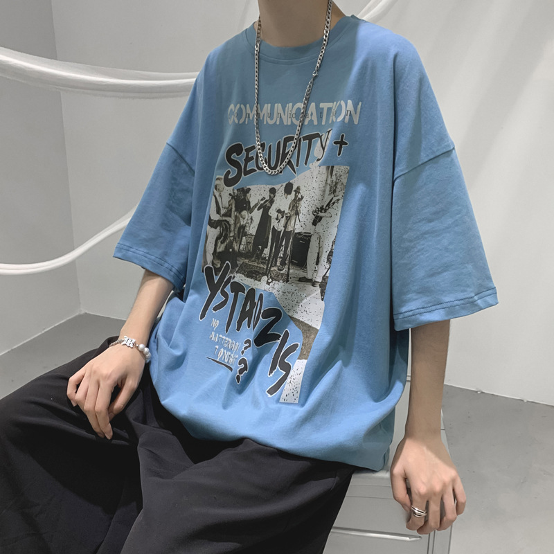 Camiseta de manga corta de los hombres más el tamaño suelto todo partido cuello redondo Camiseta verano ins casual estilo de Hong Kong guapo media manga superior