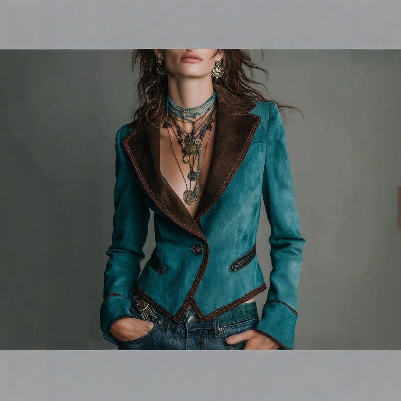 European and American retro patchwork suede blazer, slim-fit, V-neck, lapel collar, elegant short jacket for women, autumn and winter