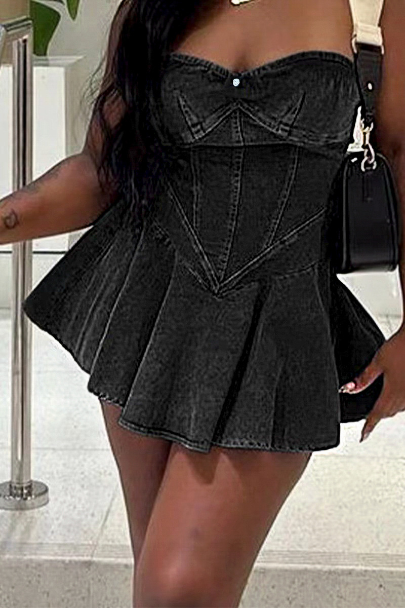 Women's Sleeveless Bust Denim Mini Dress Sexy Hot A-Line American Style Fashion Temperament Dress For Girls_ecoleips.com