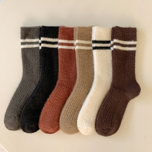 Mink velvet socks women's mid-calf length socks autumn and winter fleece-lined thickened striped confinement socks warm floor socks thickened cute