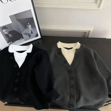男童假两件针织上衣2025秋季儿童韩版拼接洋气外穿时尚毛衣潮