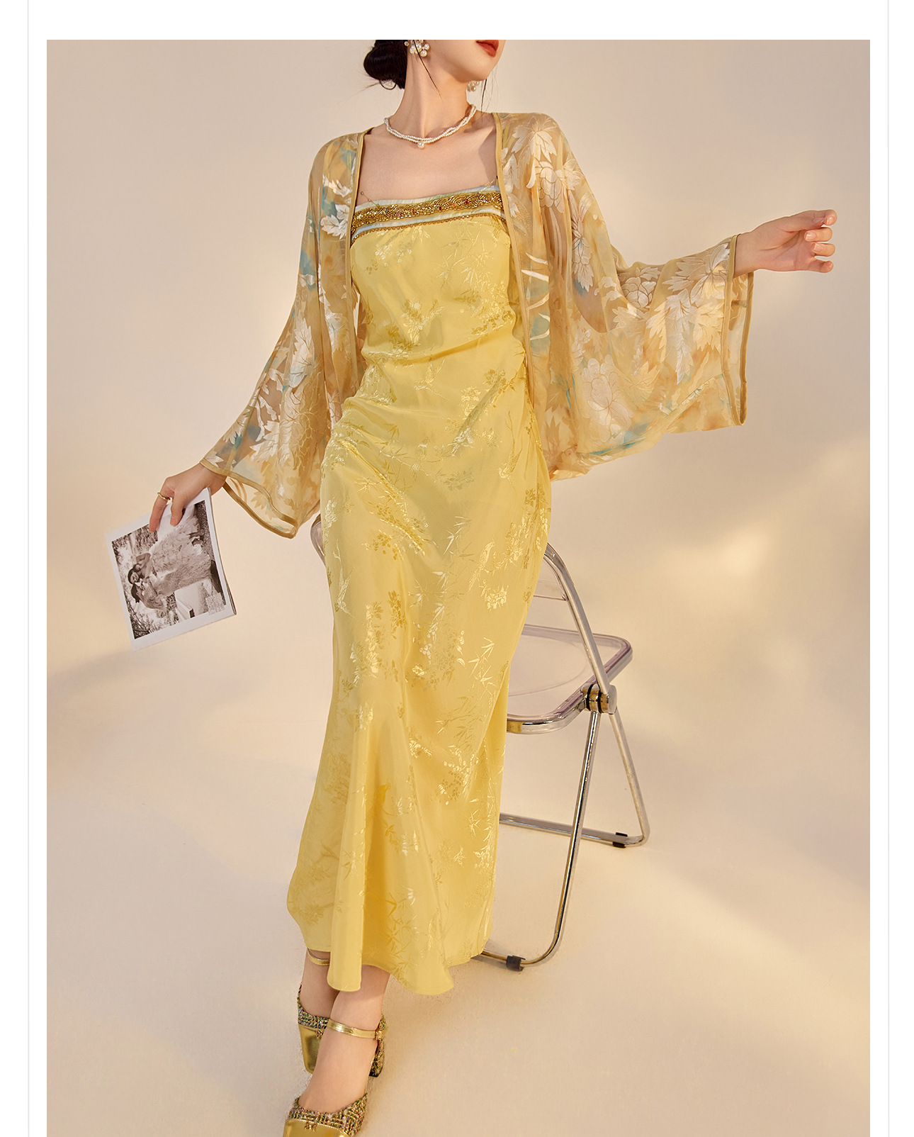 Bộ áo khoác cardigan thêu và váy hai dây phong cách retro mùa hè — Áo vàng chanh, Váy hai dây chi tiết 16