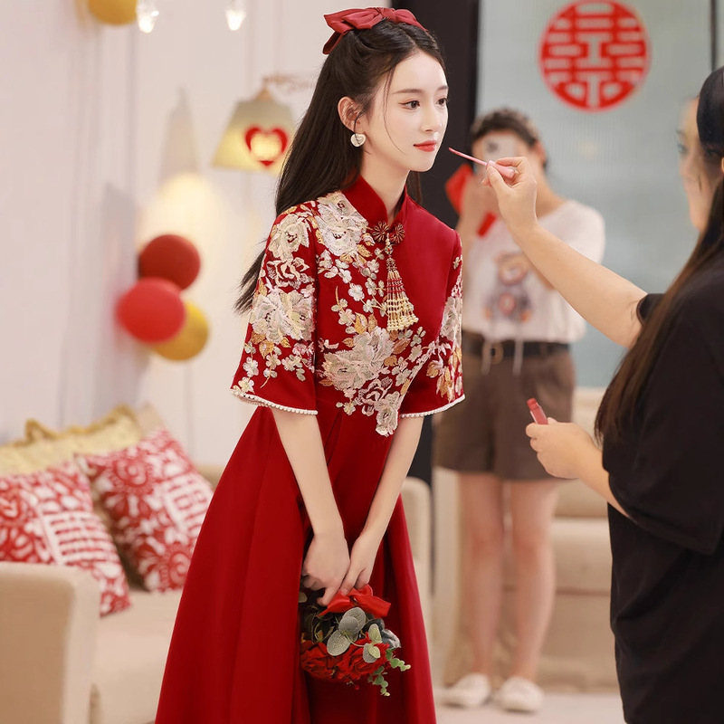 Pregnant Women's Toast Clothing Classy Improved Cheongsam Bride Can Usually Wear Engagement Dress Skirt Female Red Embroider