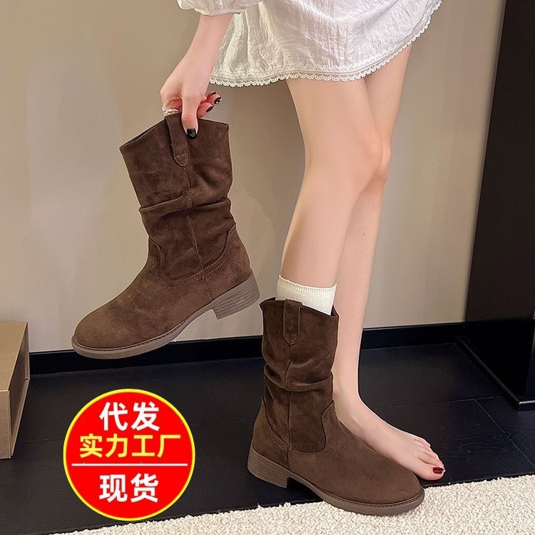 2025新款西部牛仔靴女春秋单靴V口显瘦中筒靴子褶皱堆堆马丁靴|undefined
