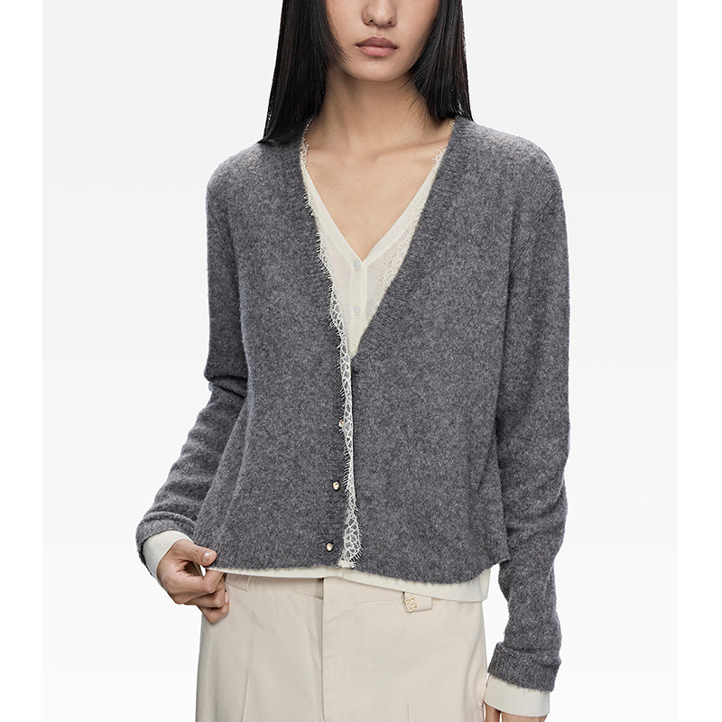 【E*Order】Wool Faux Two-Piece Cardigan 2025 Autumn New V-Neck Lace Trim Button Knit Sweater for Women