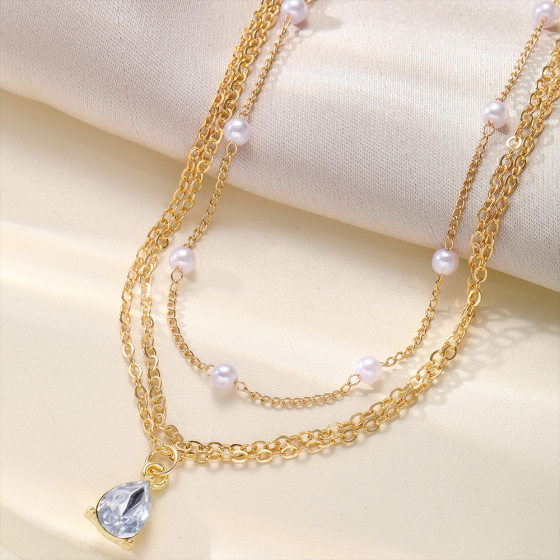 Cross-border European and American Popular Simple Style Three-layer Imitation Pearl Drop-shaped Crystal Pendant Stacked Necklace Clavicle Chain Wholesale