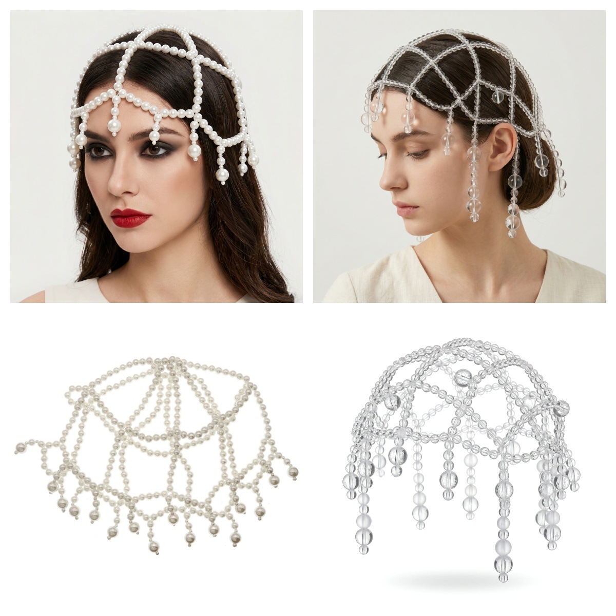 Cross-Border Handmade Beaded Hollow Crystal Hat Forehead Ornament with Tassel Hair Chain, European and American Style Bridal Crown, Photography Styling Headpiece