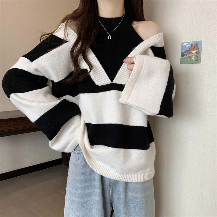 Fake Two-Piece Halter Neck Off-Shoulder Long-Sleeve Pullover Sweater for Women 2025 New Autumn and Winter Stylish Loose Slimming Unique Top Fake Two-Piece Halter Neck Off-Shoulder Long-Sleeve Pullover Sweater for Women 2025 New Autumn and Winter Stylish Loose Slimming Unique Top
