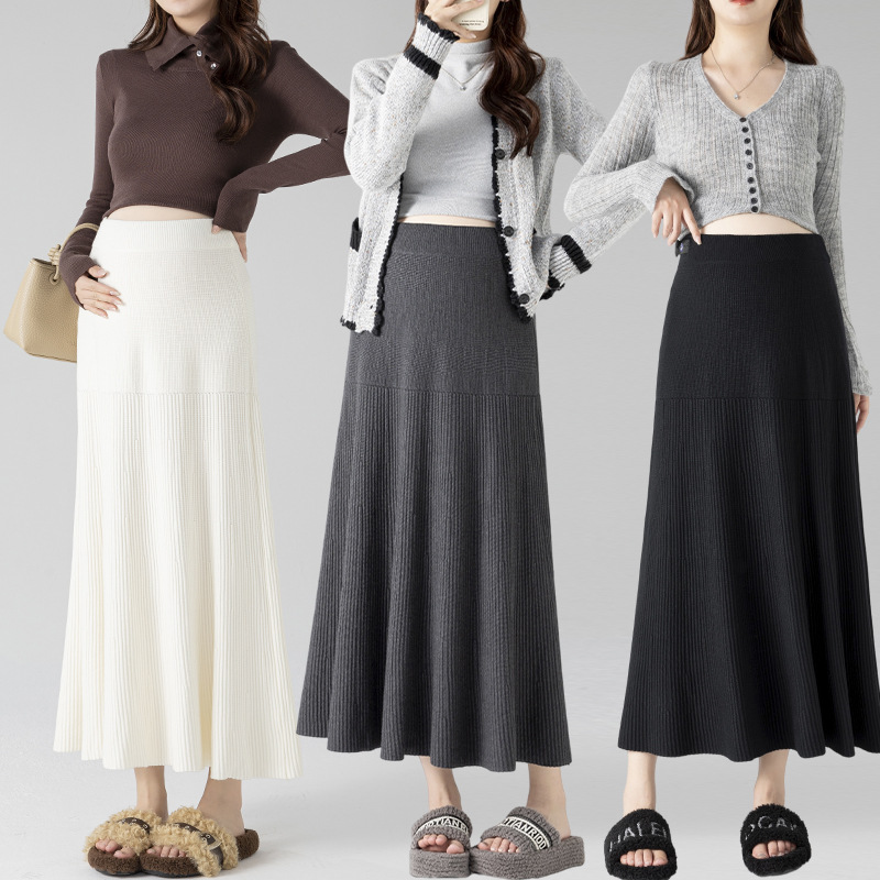 New autumn and winter mid-length maternity skirt, slimming, no underwire, knitted A-line skirt, pleated knitted skirt