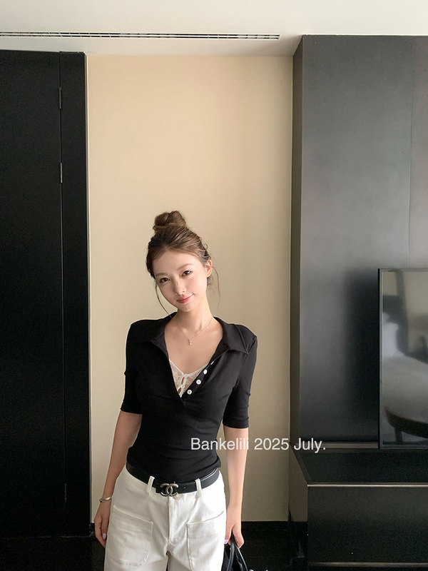 板栗可可Bankelili'纯欲加持'海妖风蕾丝假两件掐腰polo领中袖女|undefined