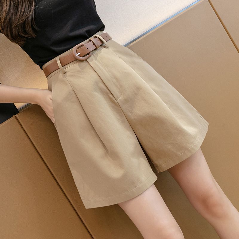 khaki Casual Five-point Pants Women's 2024 Summer Thin Wide-leg Suit Shorts Small High Waist A- shaped Mid-length Pants