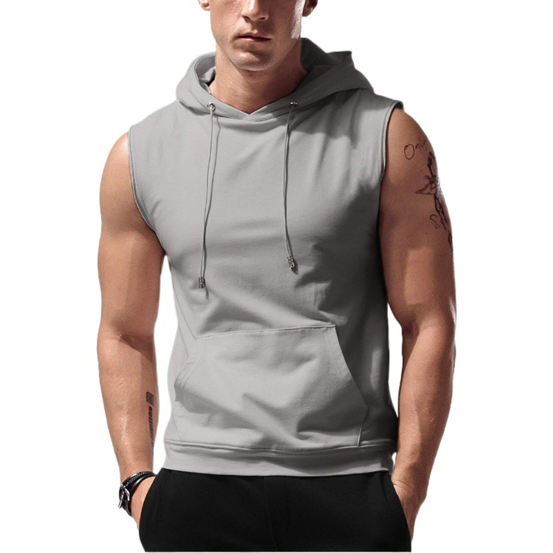 Amazon Men's Vest Hoodie Sleeveless Loose Solid Color Pocket Fitness Muscle Training Running Sports Top