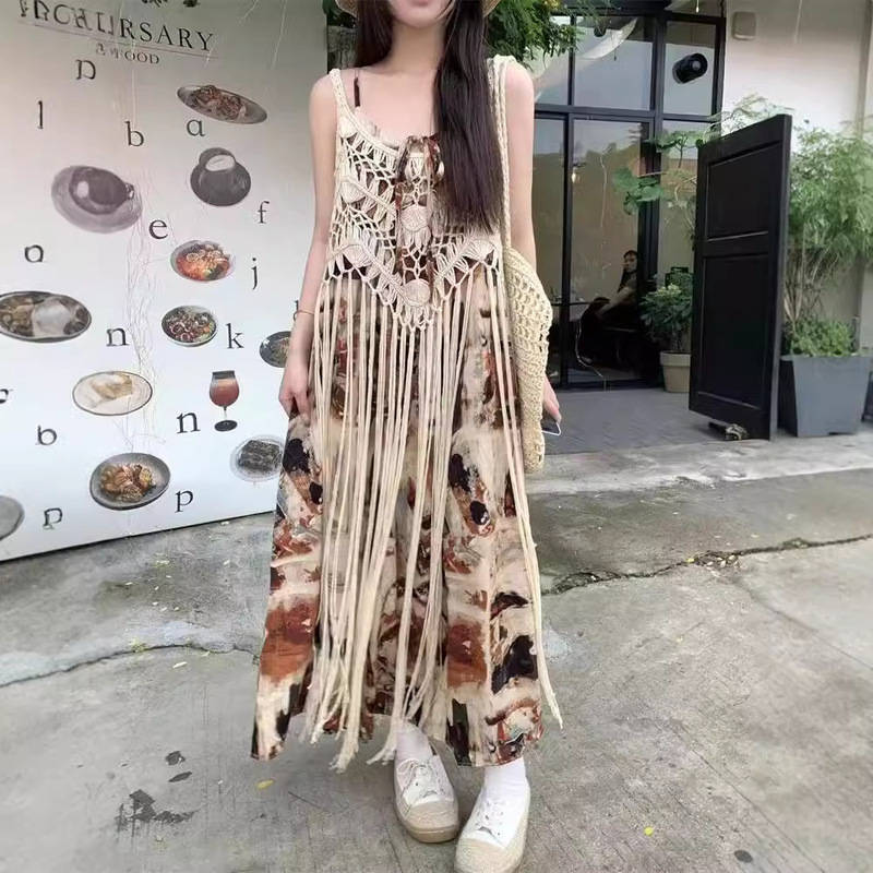 Tassel Stacked Skirt with Sling Two-Piece Holiday Style Printed Dyeing A- Character Yunnan Xinjiang Western Travel Style Loose