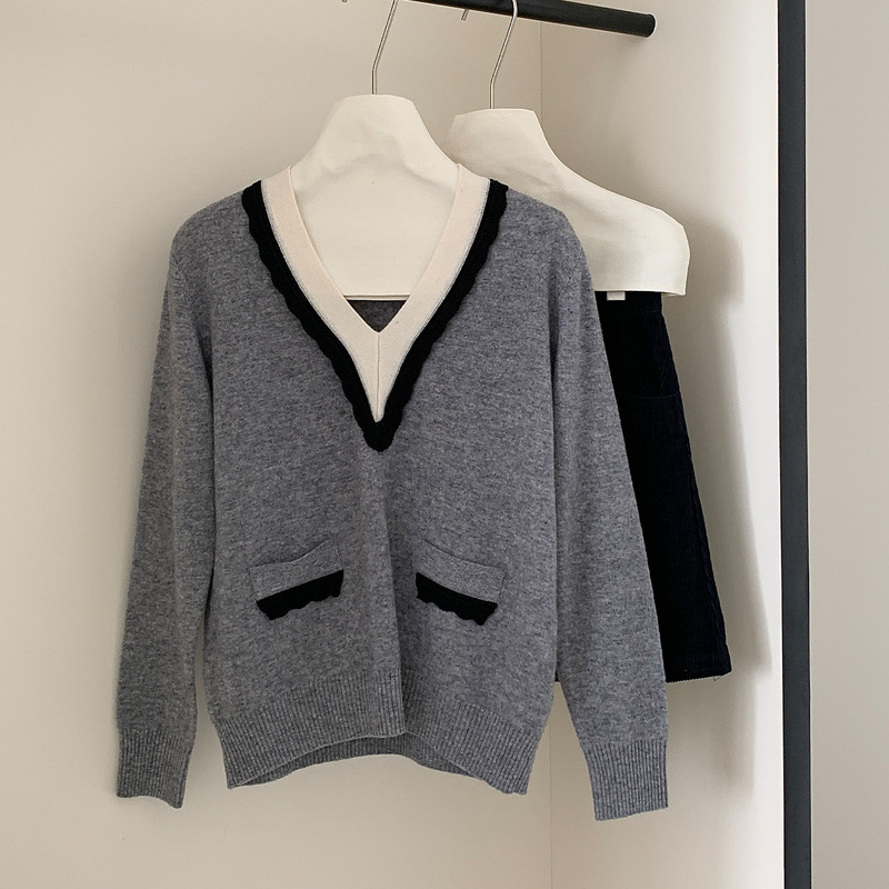 French-Style V-Neck Base Sweater for Women, New Autumn and Winter Pullover Knitwear, Loose Long-Sleeve Inner Layer Wool Top for Women