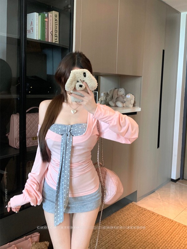 纯欲风波点绑带抹胸背心叠穿长袖T恤女秋季套装包臀半身裙三件套|undefined