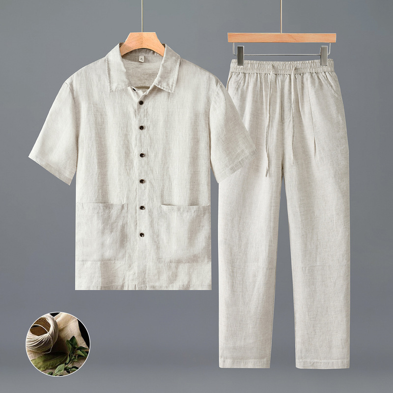 H015-H008 Shirt and Pants Set Pure Linen Suit, Refreshing and Breathable, Loose Straight-Leg Pants for Men H015-H008 Shirt and Pants Set Pure Linen Suit, Refreshing and Breathable, Loose Straight-Leg Pants for Men