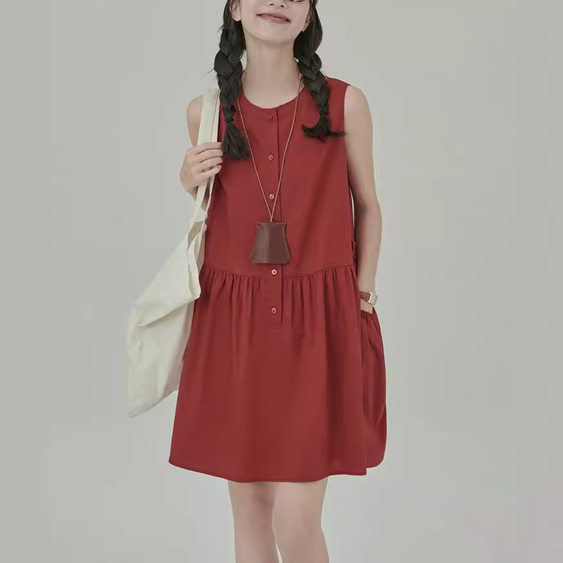 Haverice Retro Little Red Dress for Petite Women, Loose Fit, Slimming, Side Breast Coverage, Movie-Style Tank Dress with Puff Sleeves