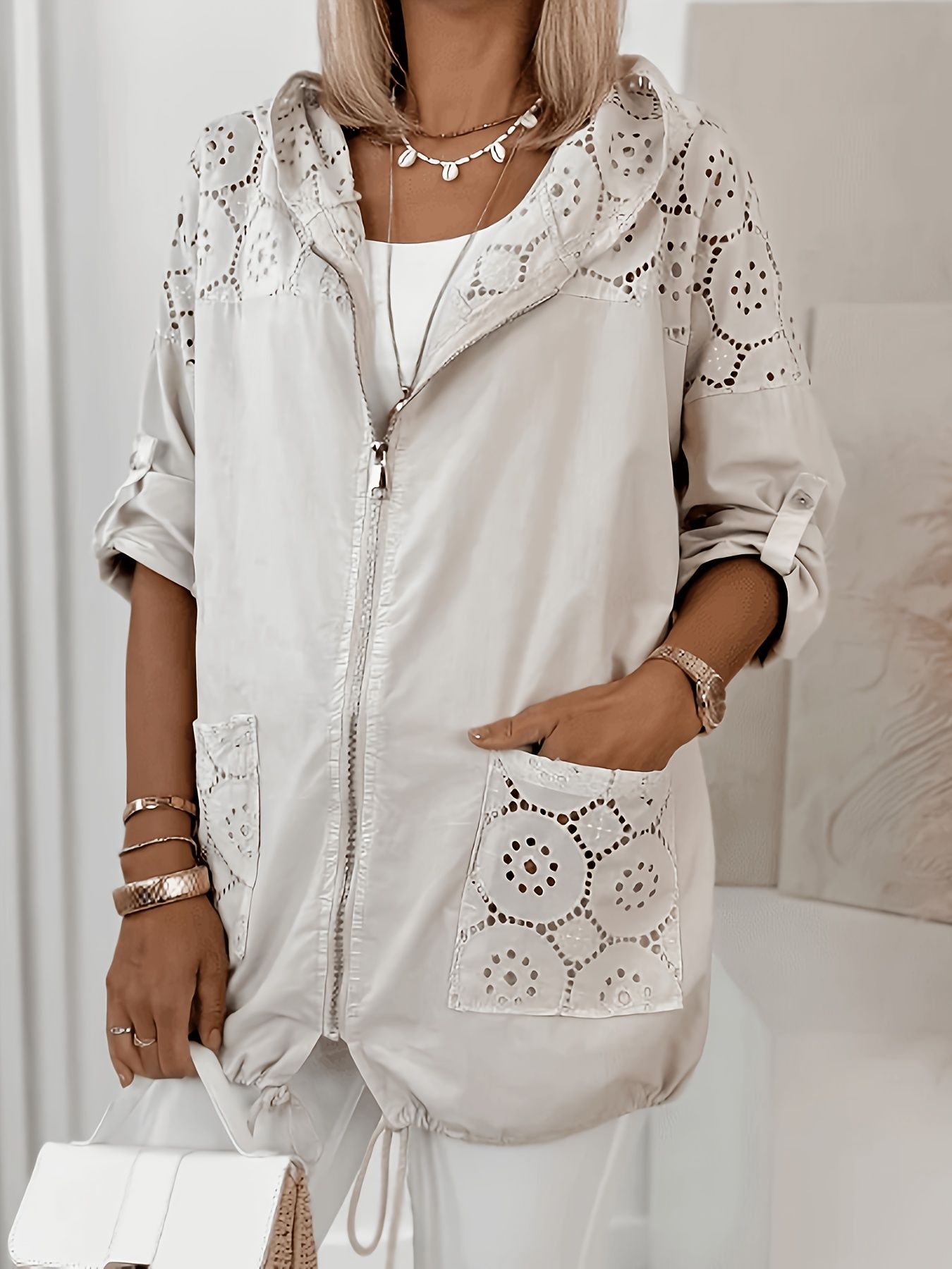 Casual damas chaqueta con capuzas delgada encaje de empalme cremallera suelta cardigan de manga larga image 4
